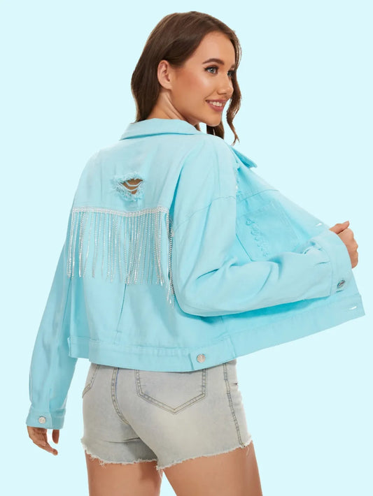 Distressed Distressed Button Up Denim Jacket - Aqua