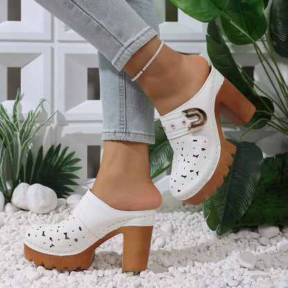 Round Toe Block Heels Sandals - White - View 4