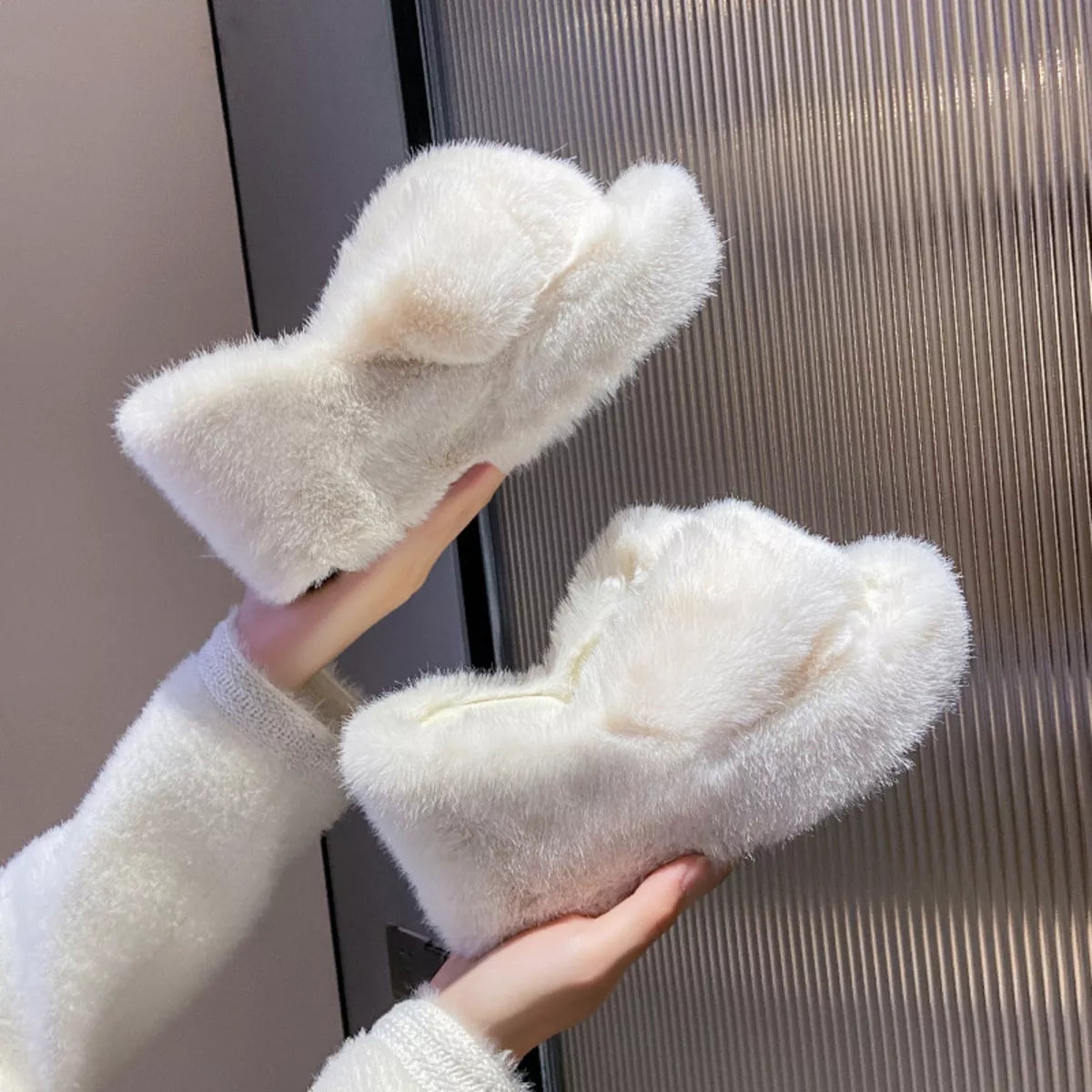 Fluffy Wedge Slippers - White - View 8