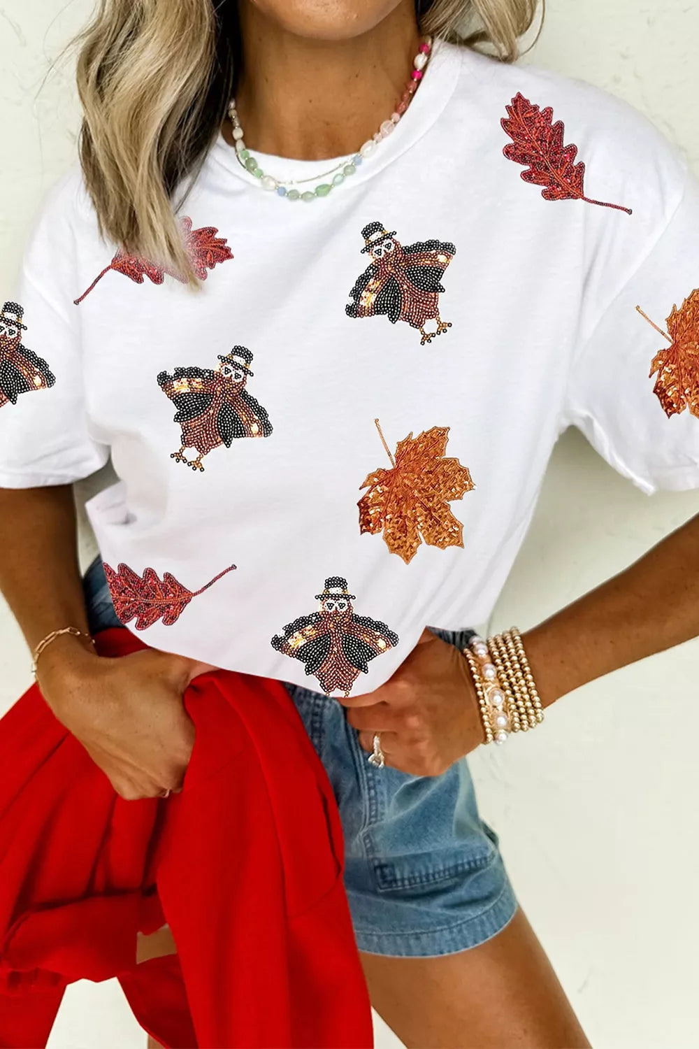 Full Size Sequin Autumn Leaf Thanksgiving Turkey T Shirt Plus Size - White - View 3