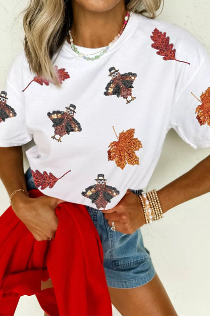 Full Size Sequin Autumn Leaf Thanksgiving Turkey T Shirt Plus Size - White - View 3