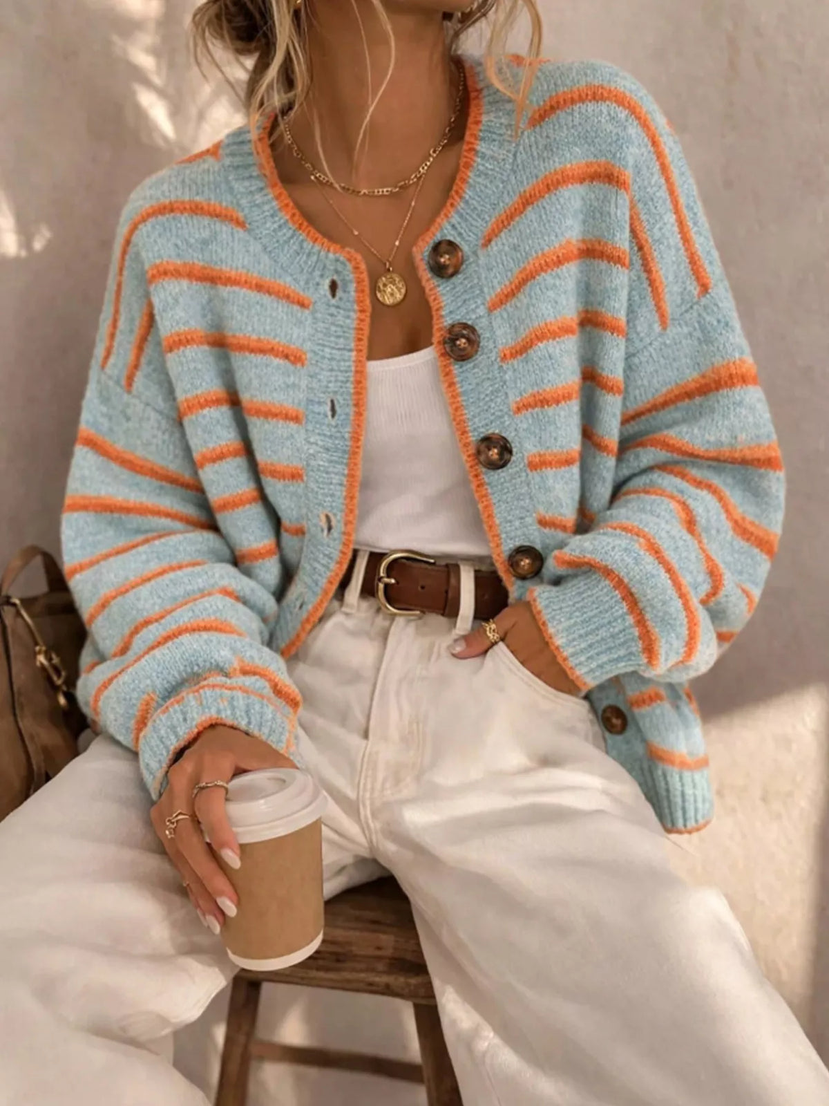 Striped Button-Down Knit Cardigan - Light Blue - View 3