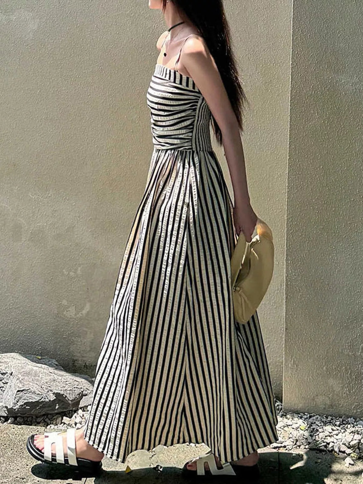 Striped Spaghetti Strap A-Line Maxi Dress - Black - View 3