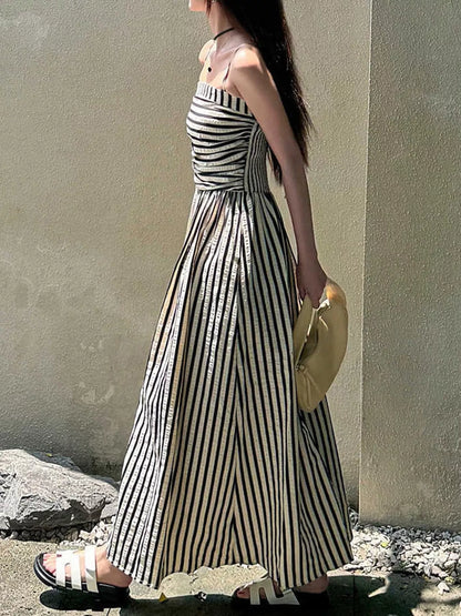 Striped Spaghetti Strap A-Line Maxi Dress - Black - View 3