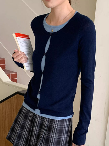 Layered Look Long Sleeve Knit Top - Navy - View 3