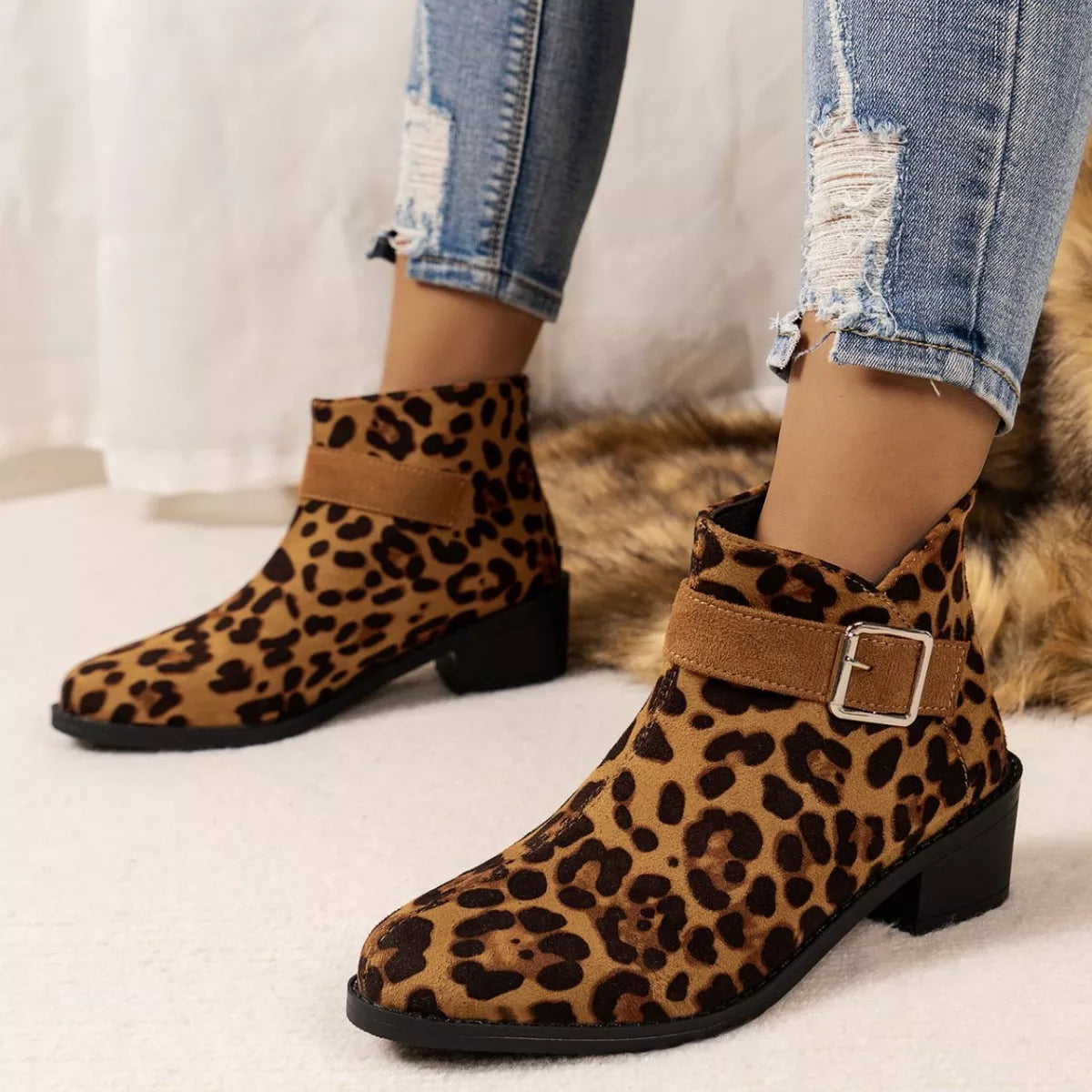Point Toe Block Heels Boots - Leopard Print - View 2