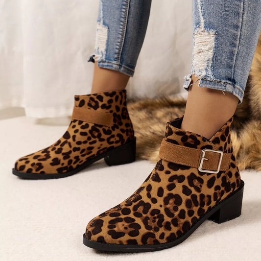 Point Toe Block Heels Boots - Leopard Print - View 2