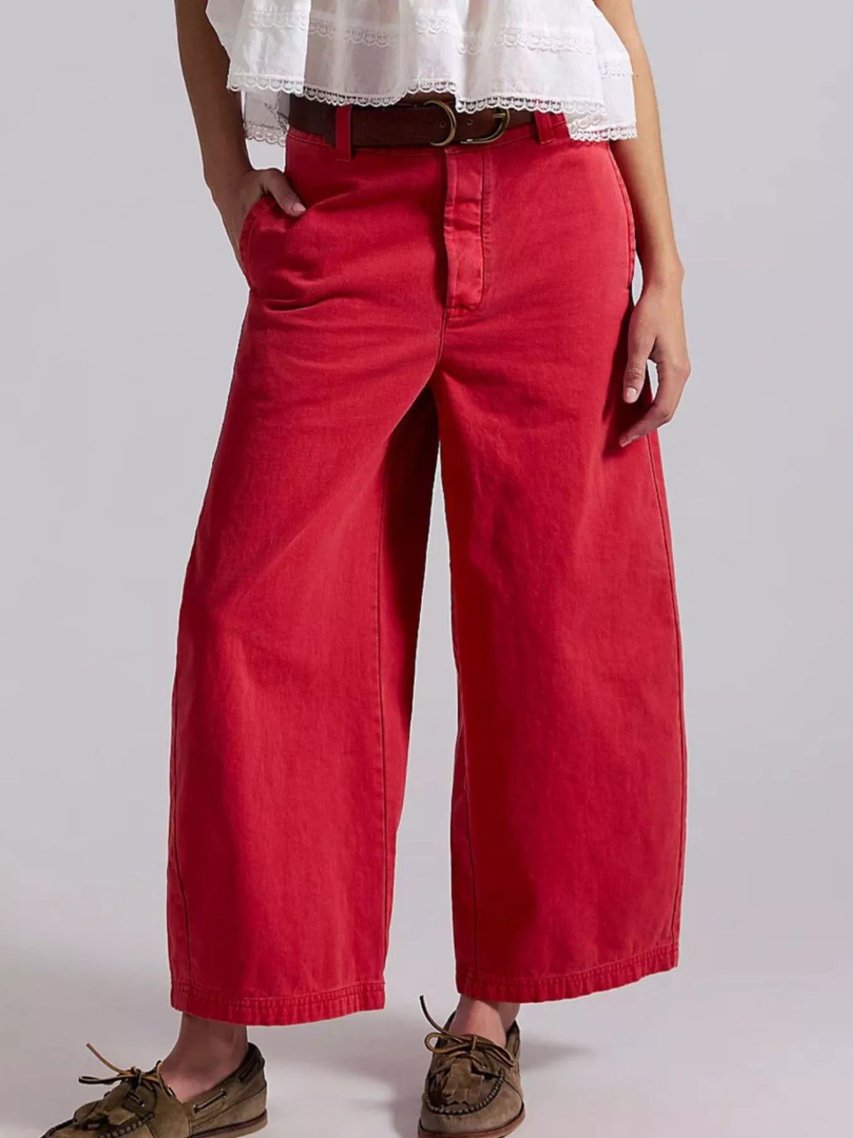 Wide-Leg Cropped Jeans - Red - View 1