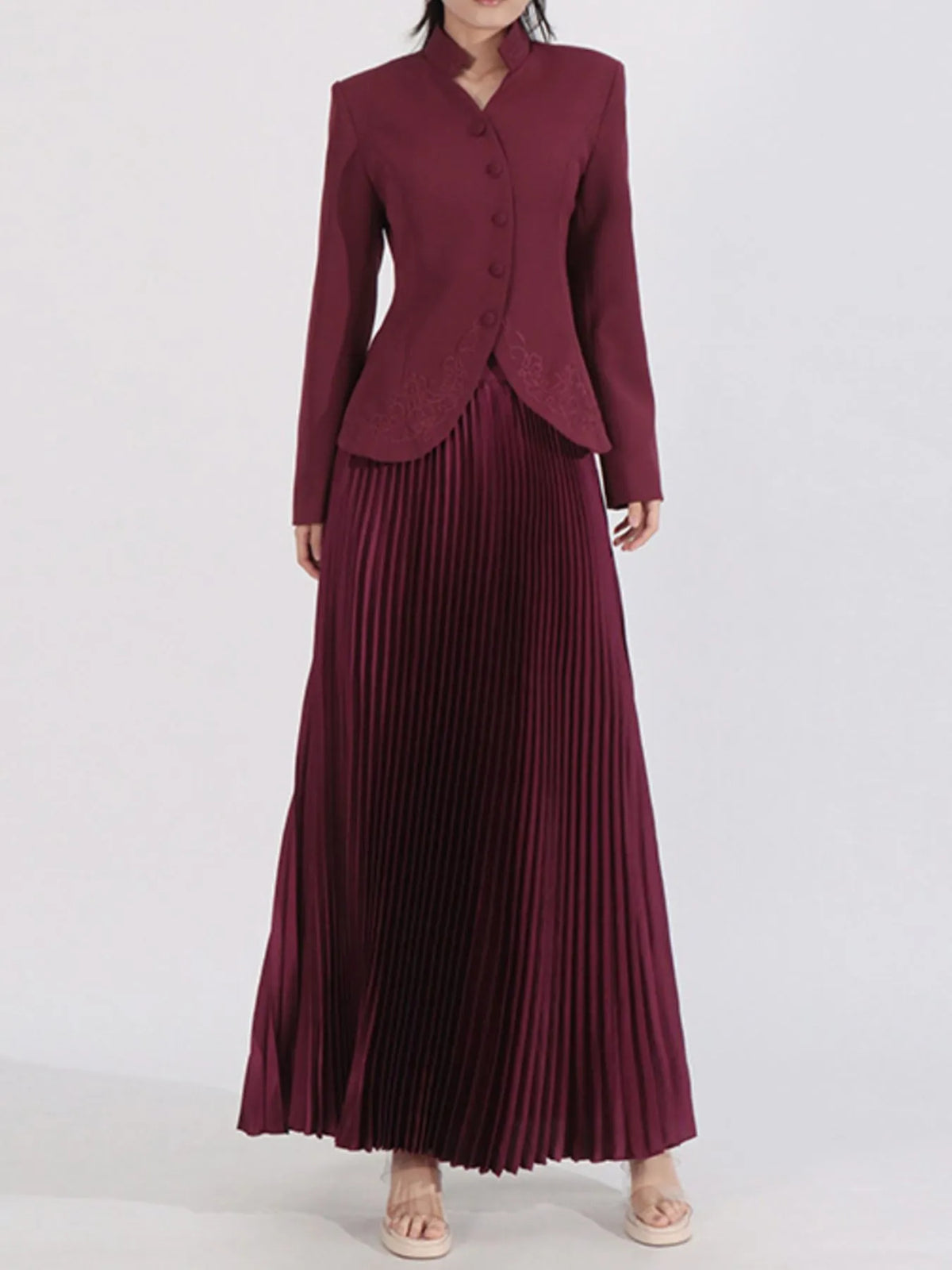 Button Up Long Sleeve Top and Pleated Skirt Set - Angora Red - View 1