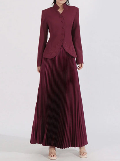 Button Up Long Sleeve Top and Pleated Skirt Set - Angora Red - View 1