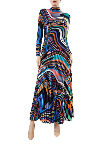 Irregular Geometric Print Two Piece Set For Women Long Sleeve Top Elastic Waist A-line Skirt Female