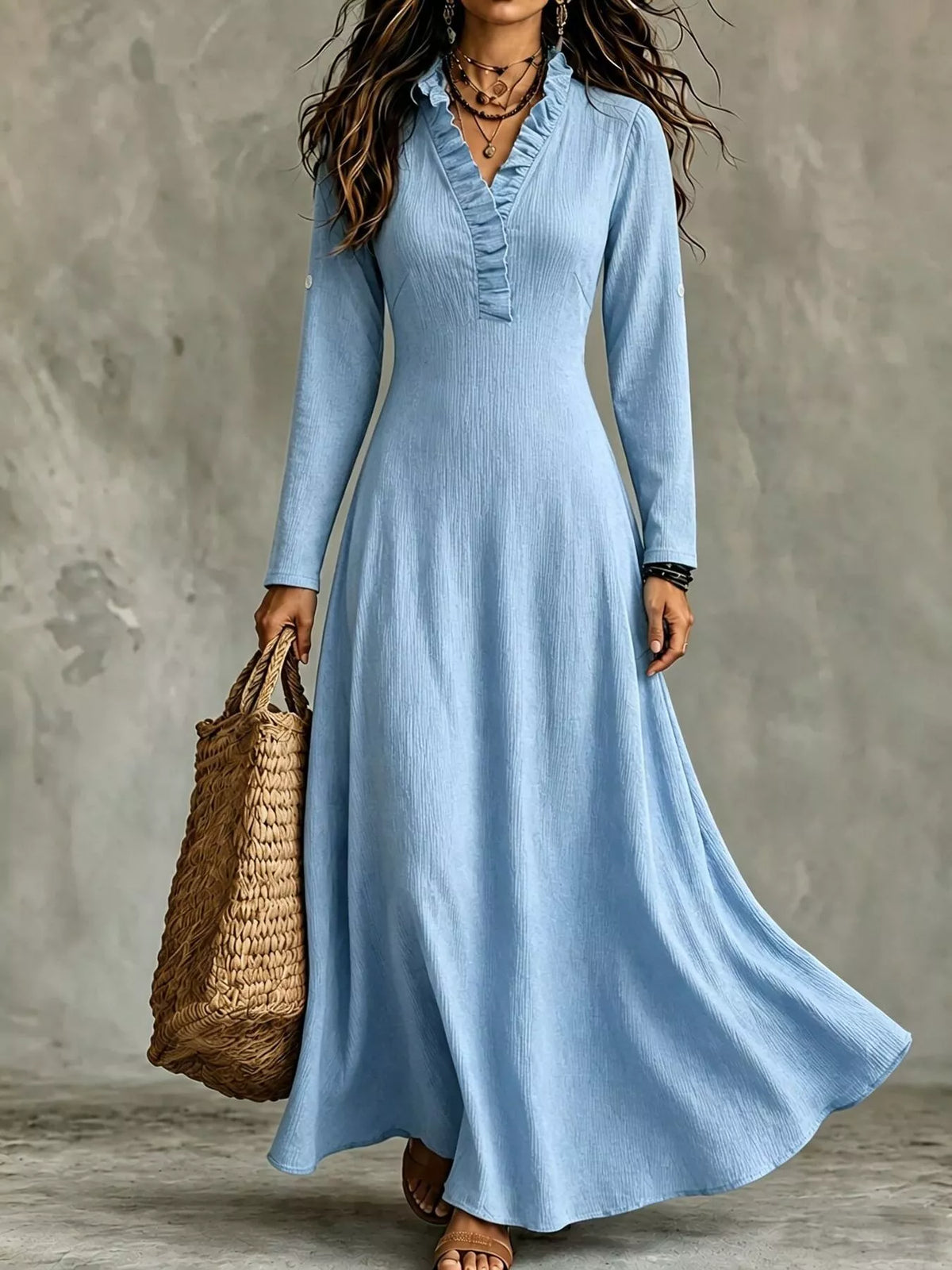 Full Size V-Neck Maxi Dress with Roll-Up Sleeves Plus Size - Sky Blue - View 1