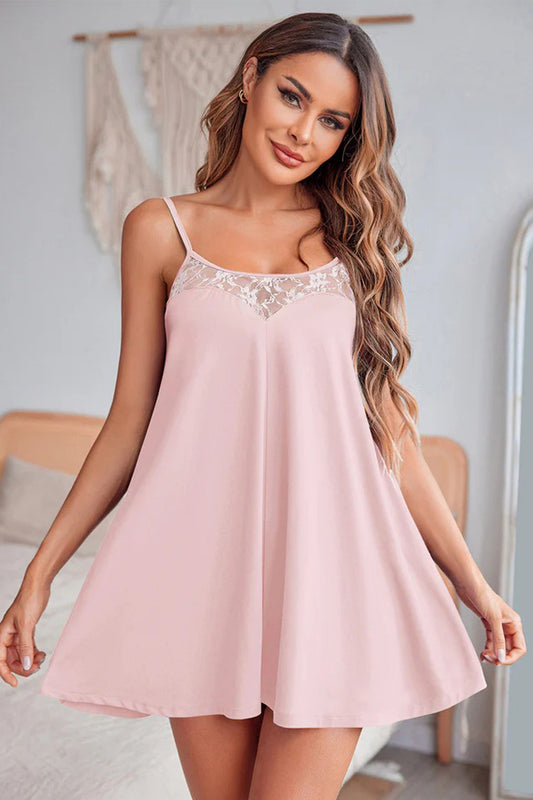 Light Pink Sheer Lace Patchwork Camisole Nightgown Dress - Light Pink - 2
