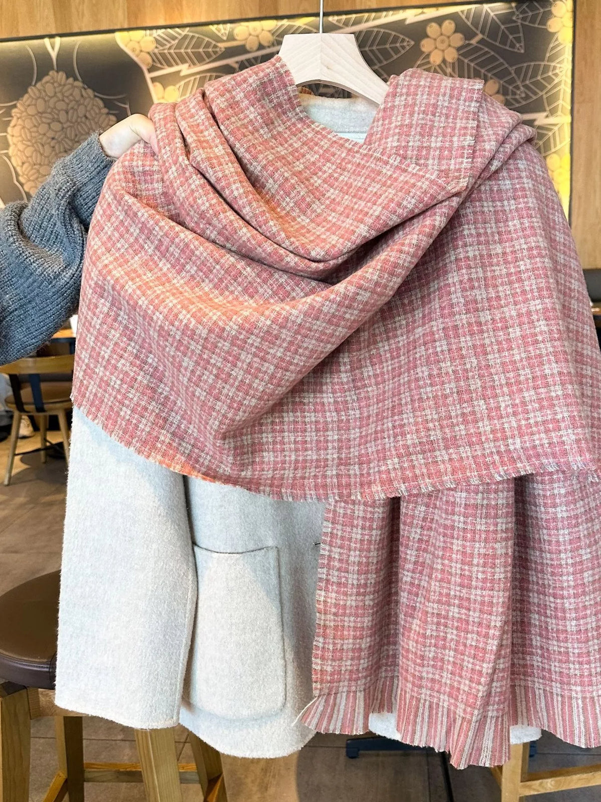 Plaid Warm Scarf - Dusty Pink - View 7