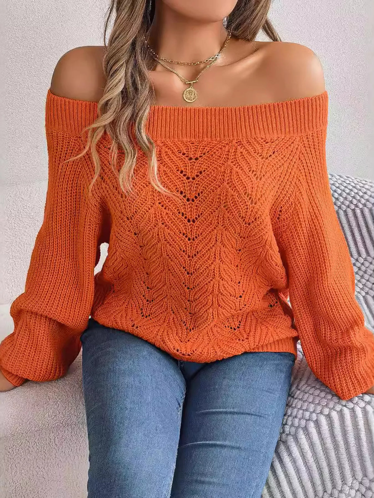 Openwork Off-Shoulder Sweater - Orange - View 2