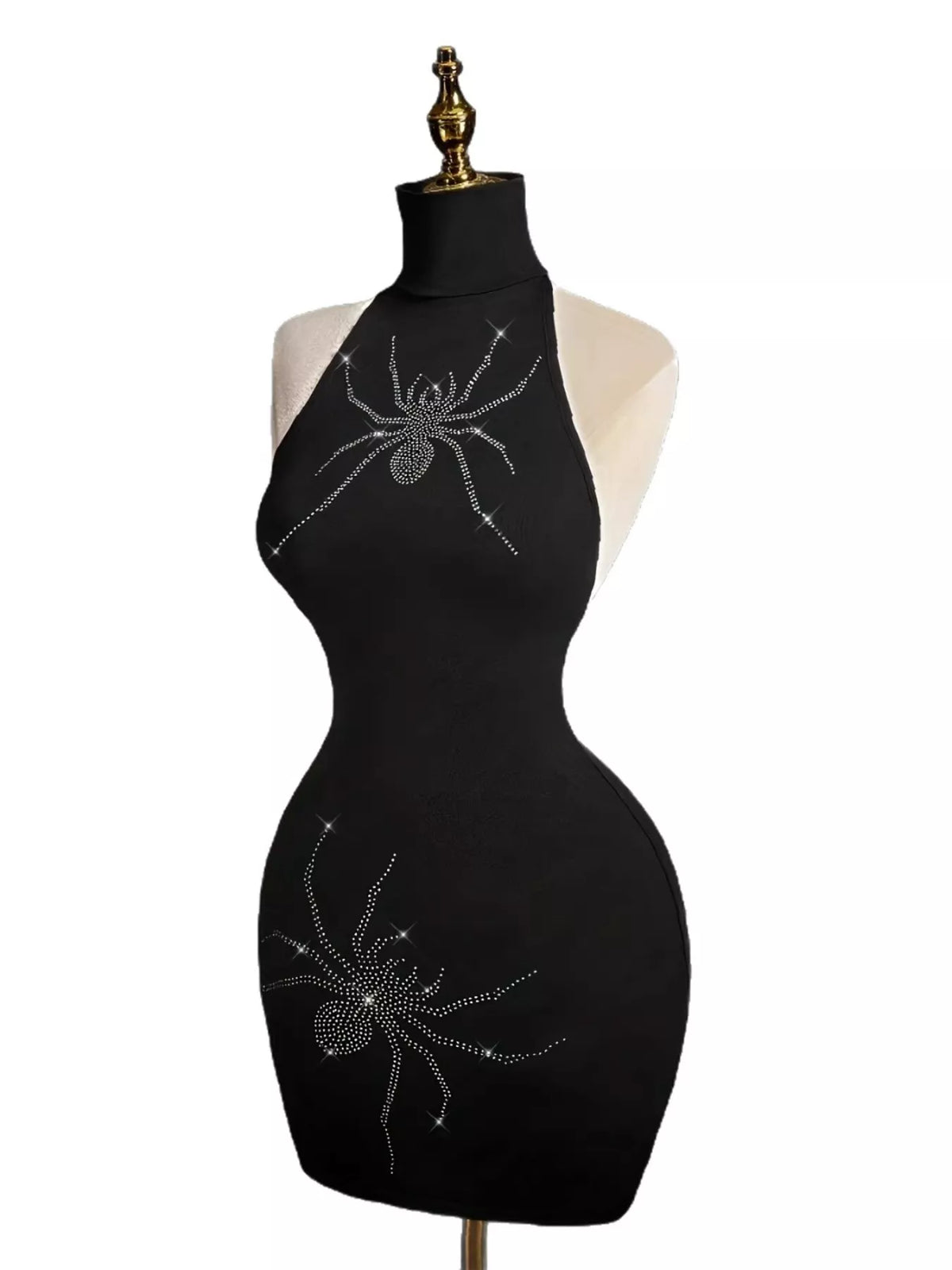 Rhinestone Spider Halter Neck Bodycon Dress - Black - View 5