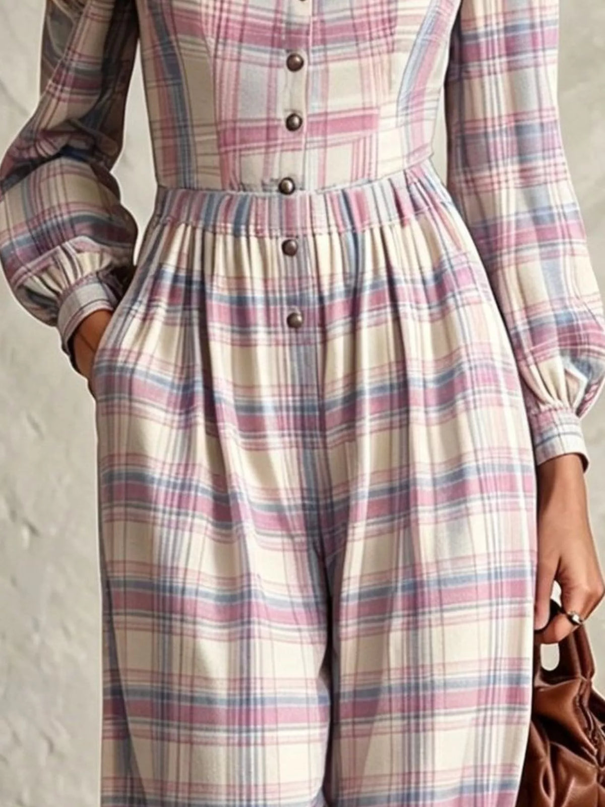 Plaid Square Neck Long Sleeve Wide Leg Jumpsuit - Lilac - View 2