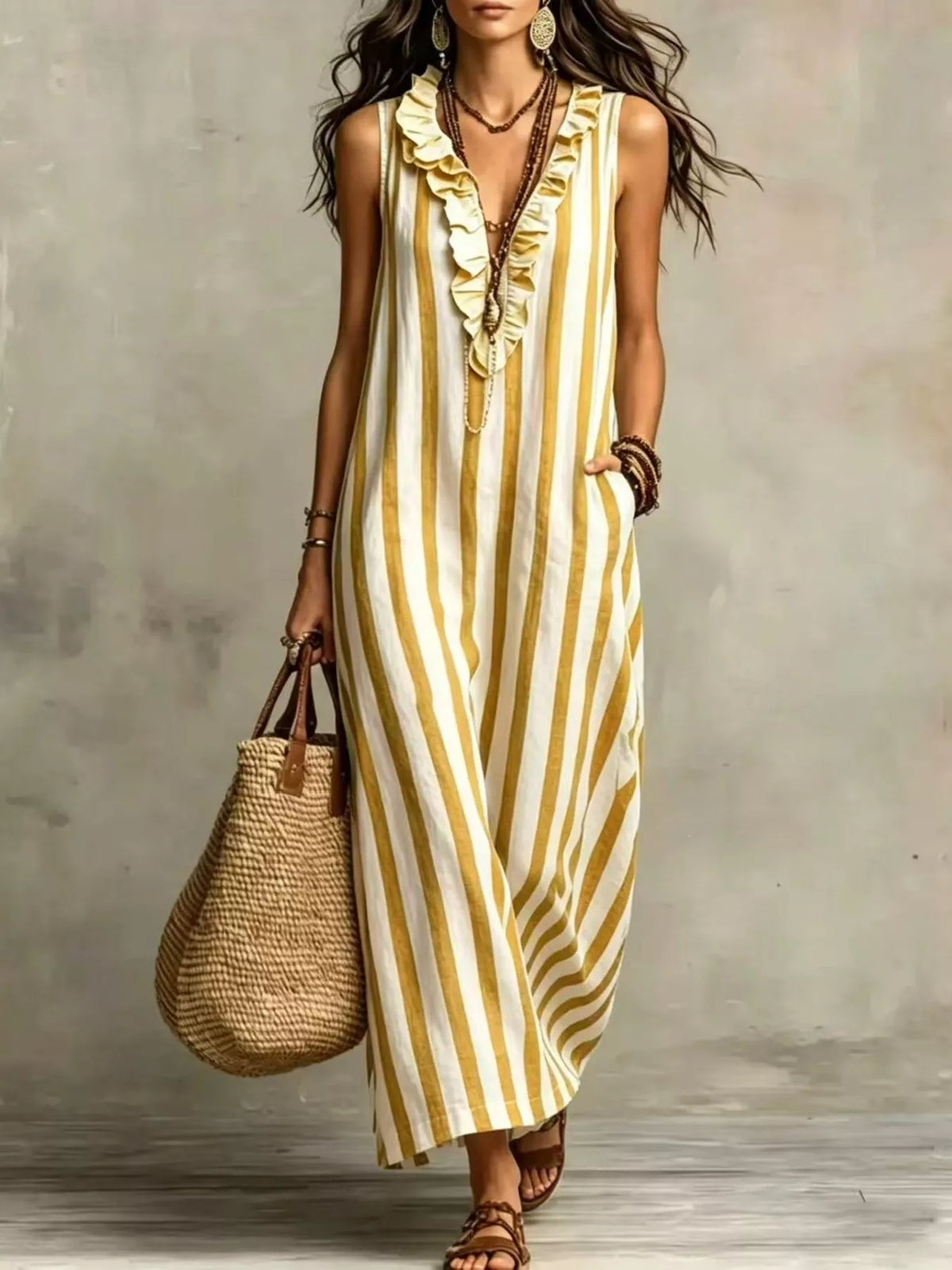 Full Size Sleeveless Striped Ruffle V-Neck Maxi Dress Plus Size - Yellow - View 1