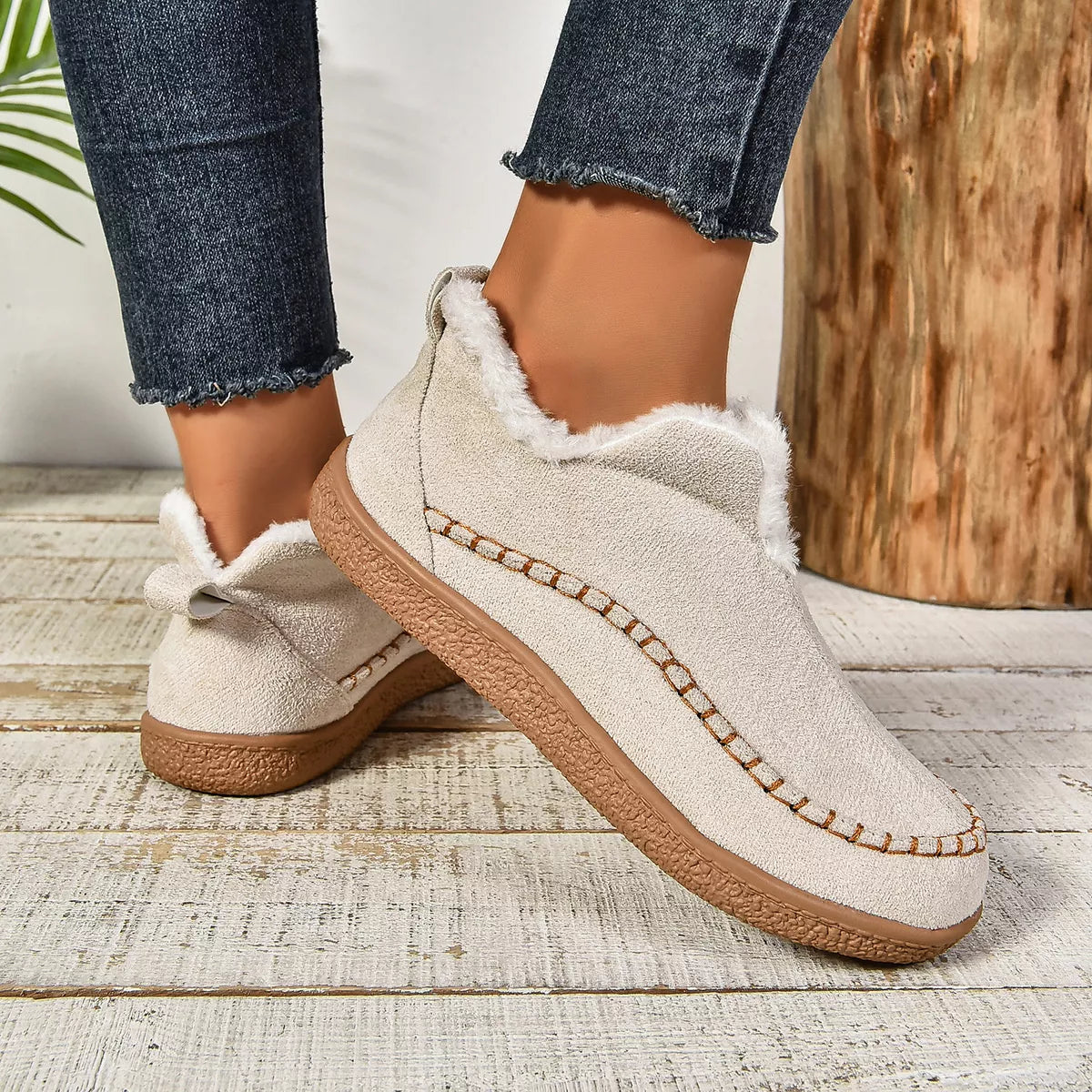 Round Toe Plush Lined Shoes - Cream - View 6