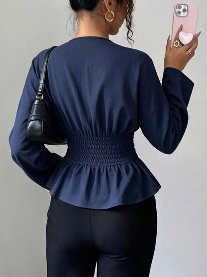 Surplice Long Sleeve Wrap Blouse - Dark Blue - View 4