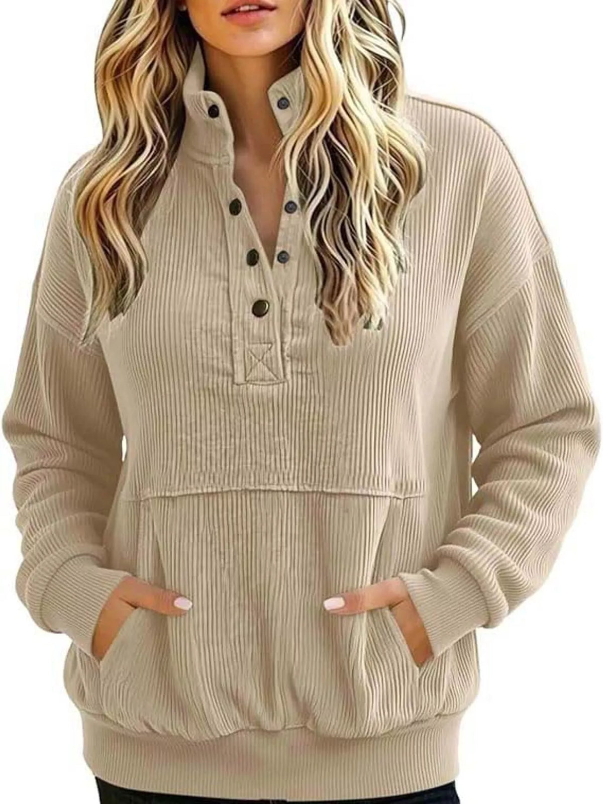 Full Size Quarter-Snap Sweatshirt with Kangaroo Pocket Plus Size - Apricot Color - View 22