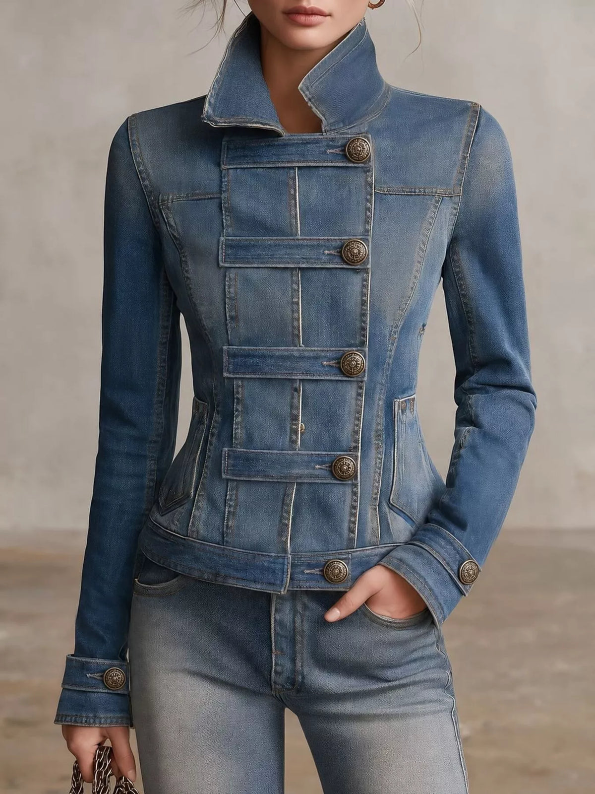 Button Up Fitted Denim Jacket - Dusty Blue - View 1
