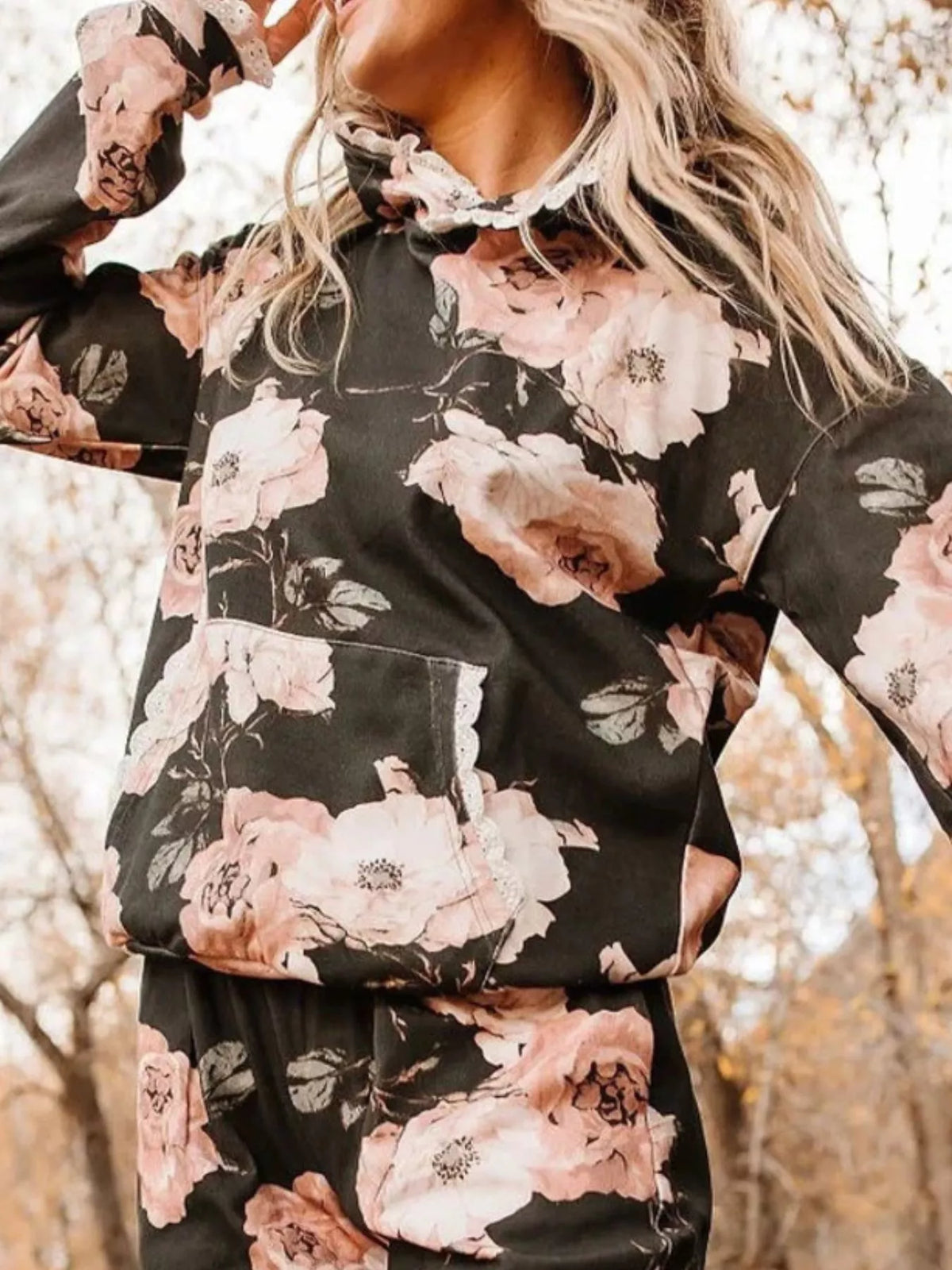 Lace Trim Kangaroo Pocket Hoodie - Blush Pink - View 2