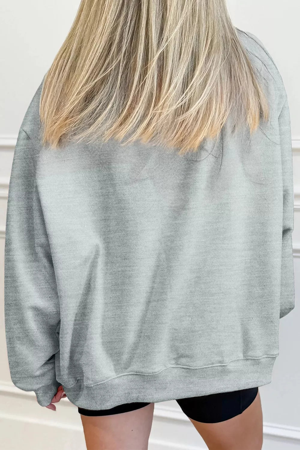 Halloween Rhinestone Skull Graphic Mock Neck Baggy Pullover Sweatshirt - Gray - View 3