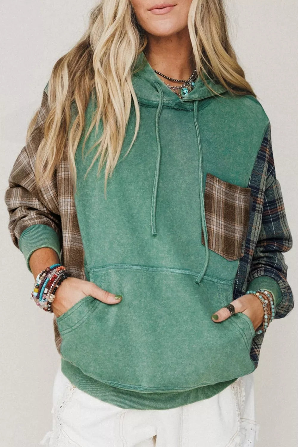 Plaid Kangaroo Pocket Hoodie - Sage - View 1