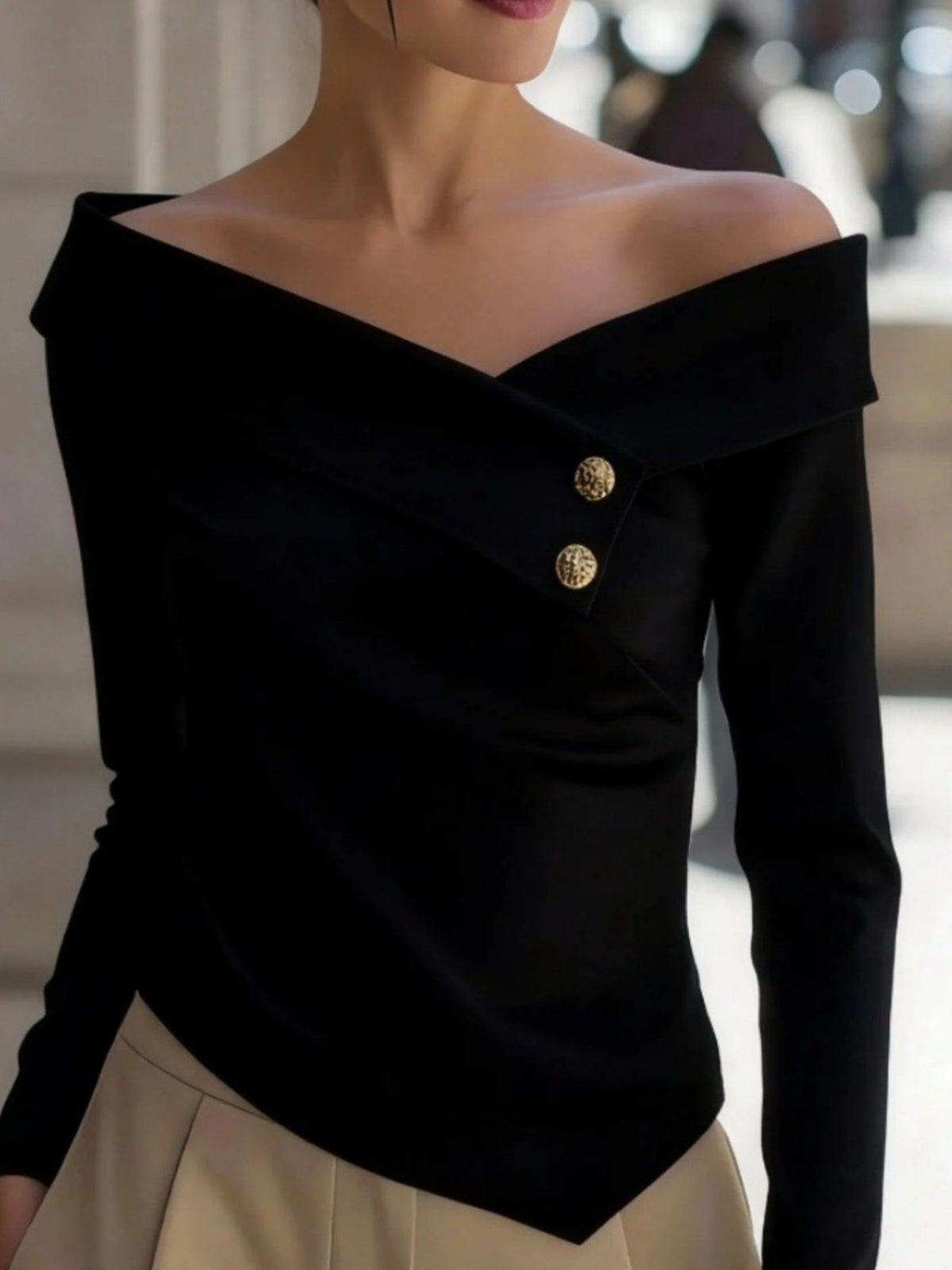 Off-Shoulder Button Decor Blouse - Black - View 4