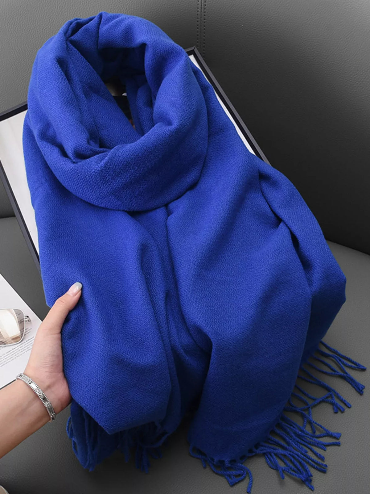 Solid Color Fringe Scarf - Blue - View 12