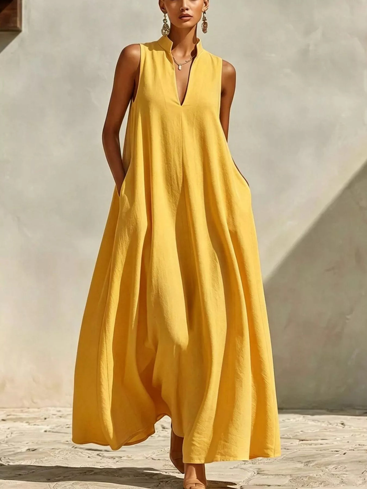 Sleeveless Maxi Dress with Side Pockets - Gold - View 1