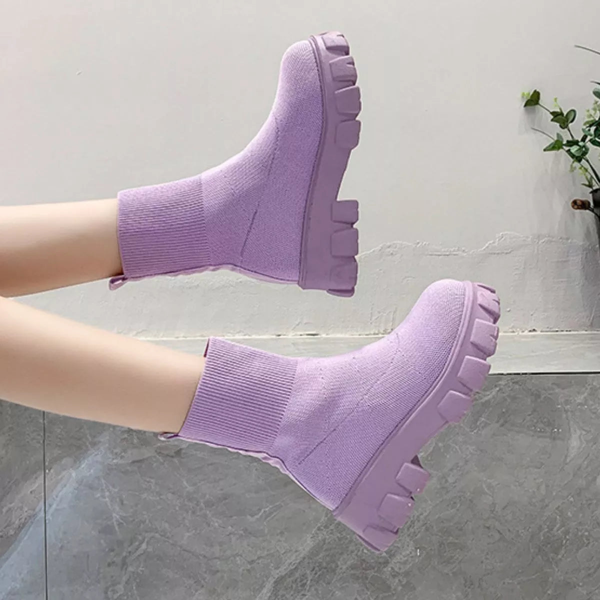 Round Toe Block Heels Boots - Lavender - View 23