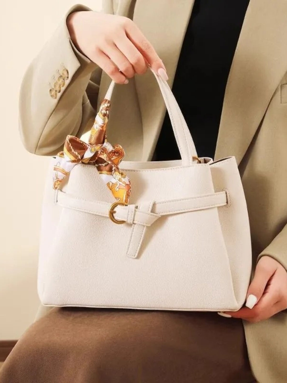 Leather Top Handle Handbag - White - View 3