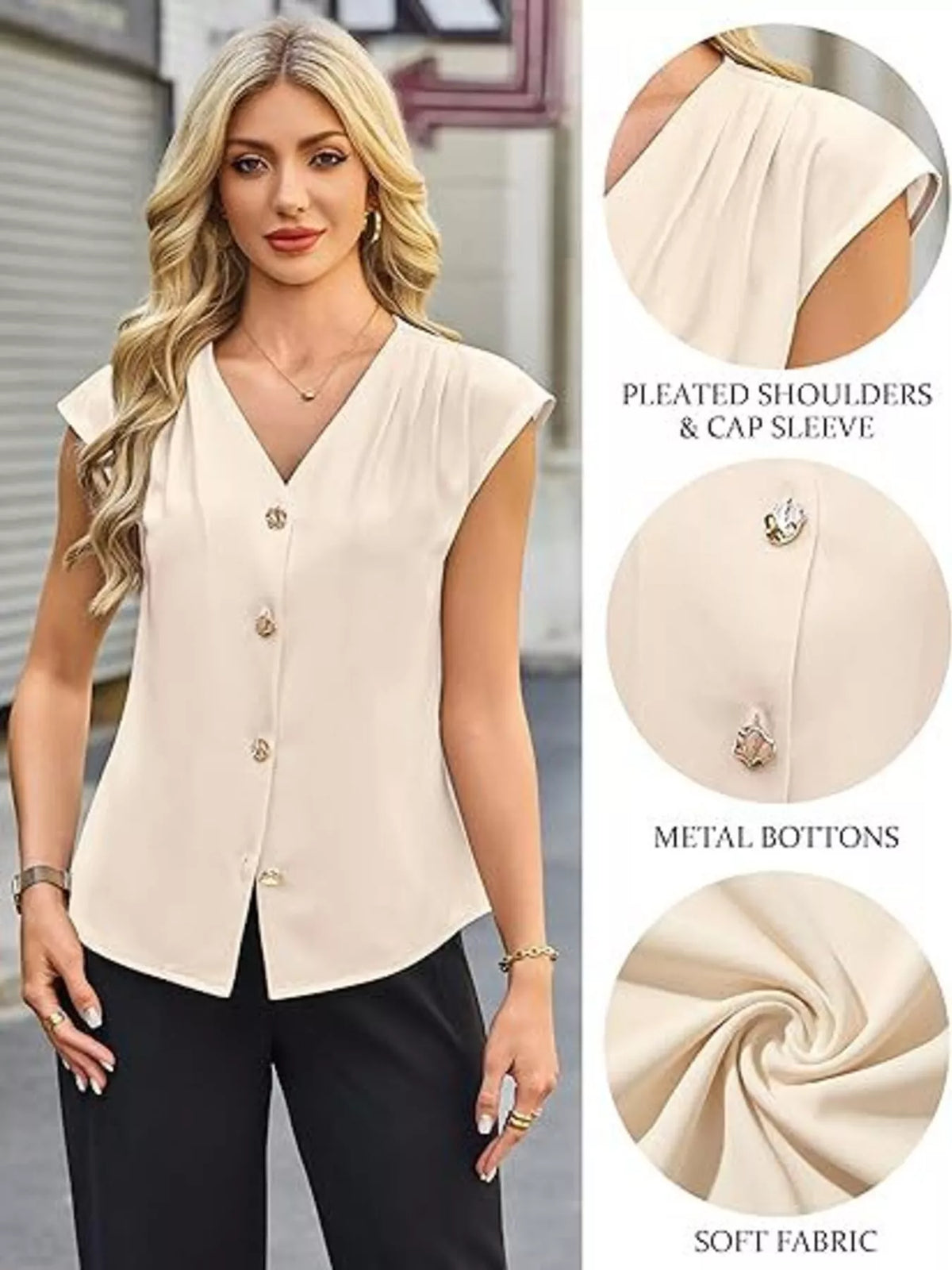 V-Neck Button-Down Shirt - Apricot - View 2