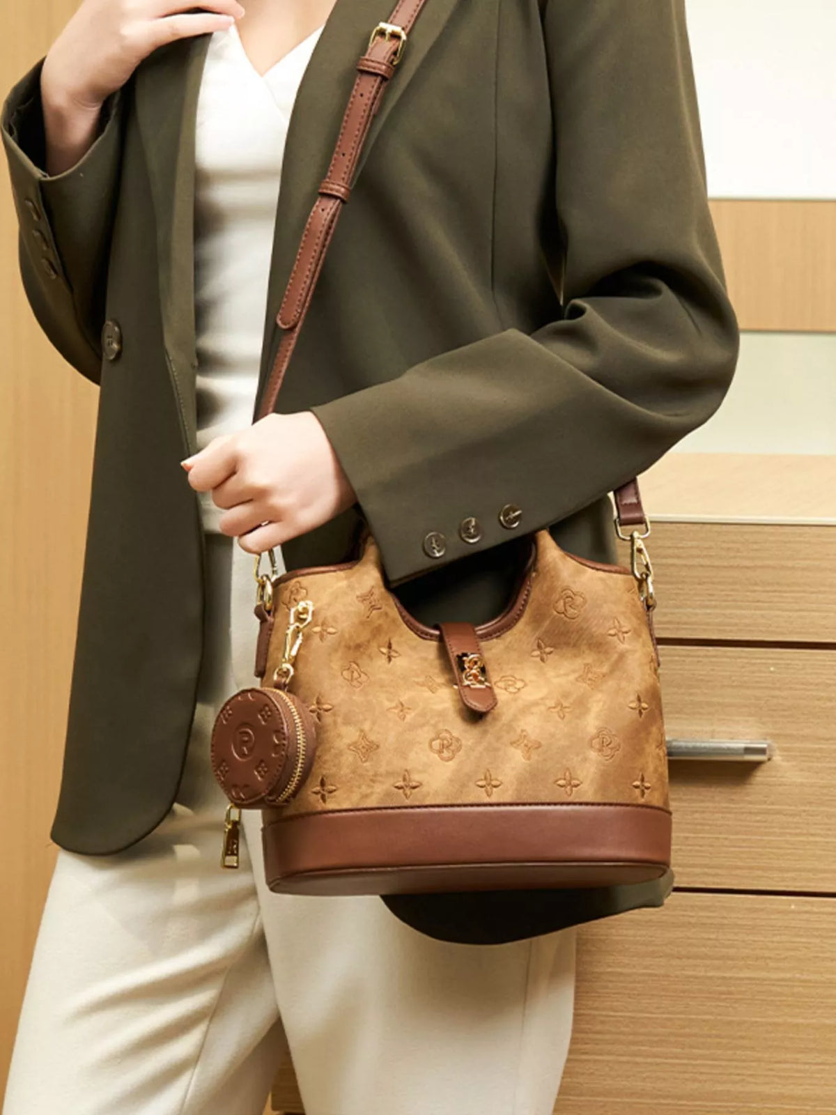 Embossed Crossbody Bag with Detachable Coin Pouch - Brown - View 5