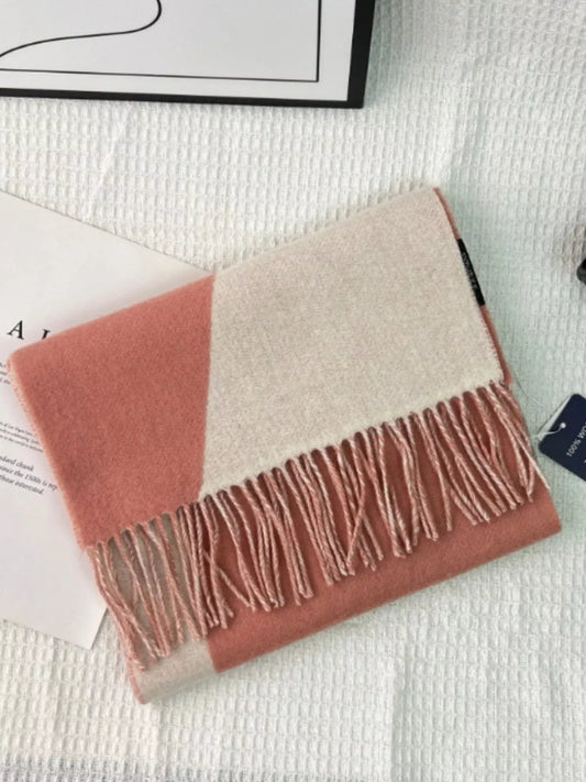 Fringe Color Block Scarf - Pink Beige - View 2
