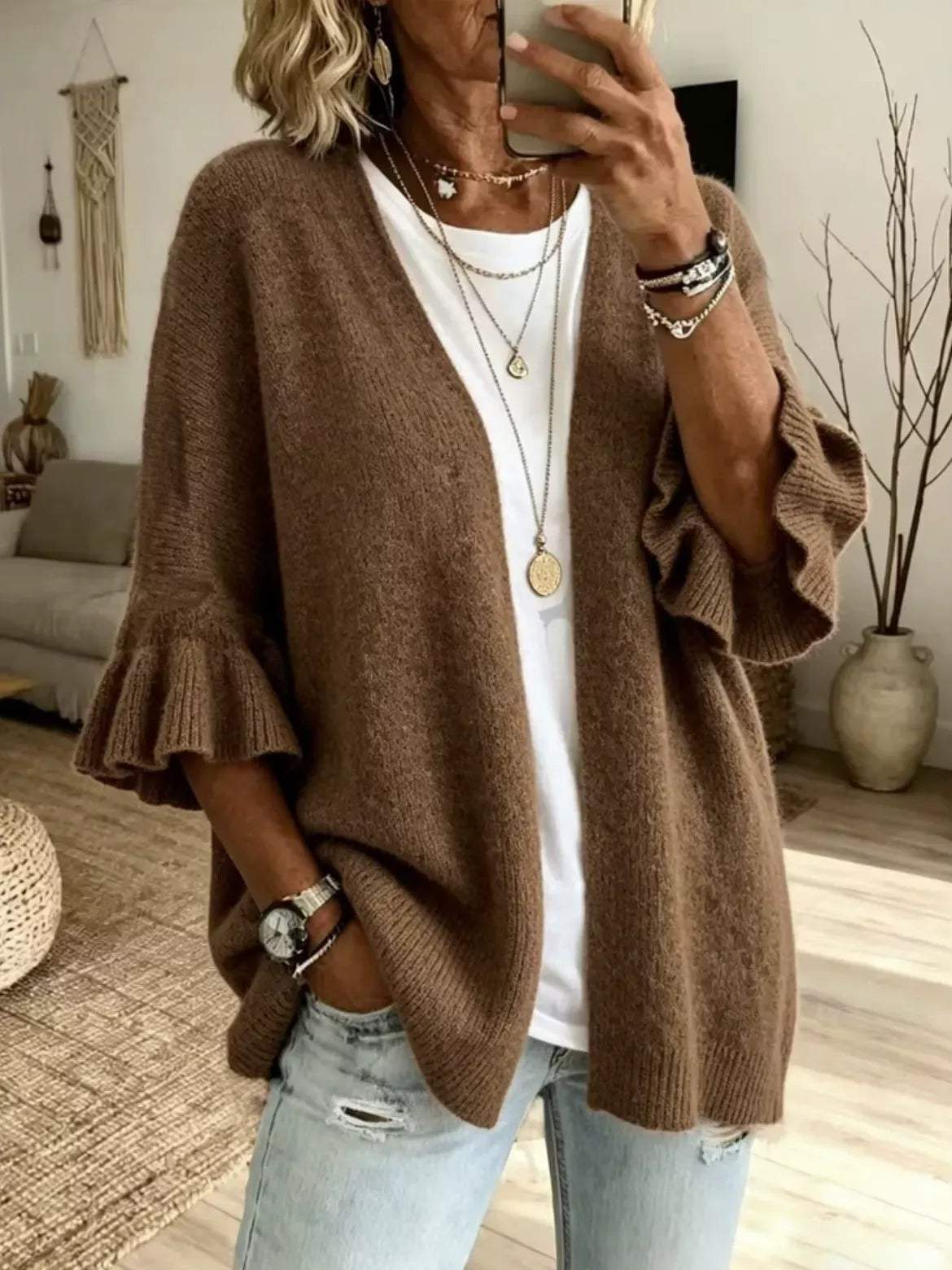Full Size Ruffle Sleeve Open-Front Cardigan Plus Size - Brown - View 1