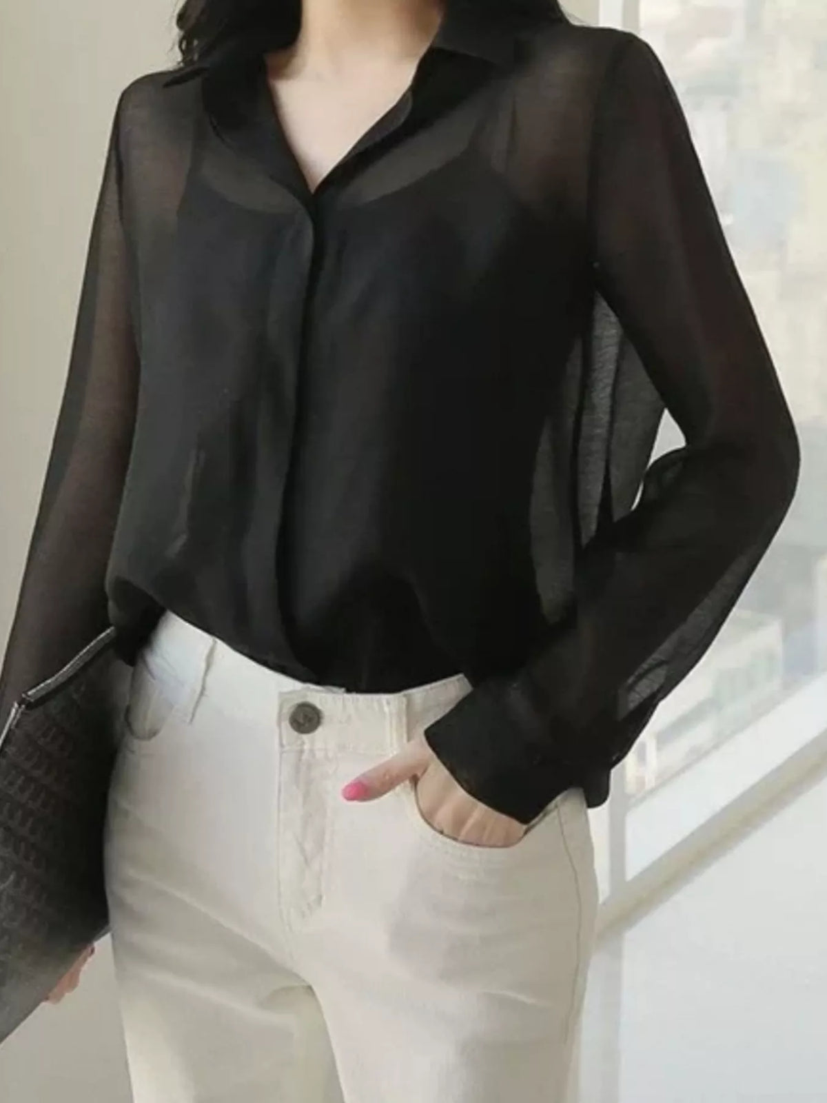 Elegant Sheer Long Sleeve Shirt - Black - View 3