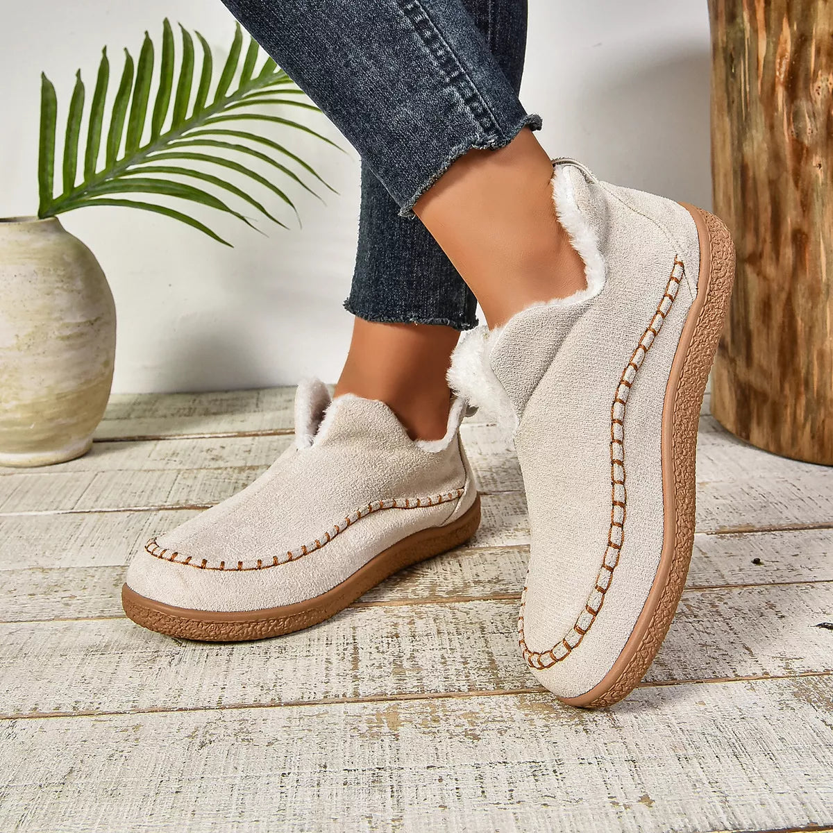 Round Toe Plush Lined Shoes - Cream - View 5