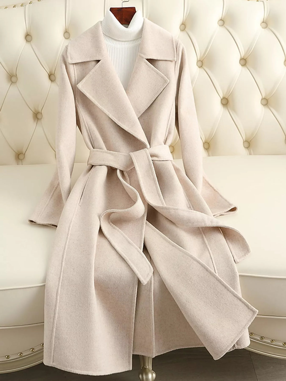 Longline Wool Coat with Waist-Defining Belt - Off White - View 10