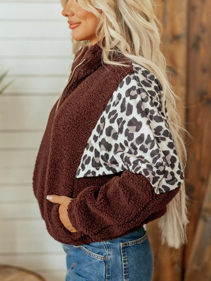Leopard Patchwork Fleece Western Style Zip-up Collar Jacket - Brown - View 7