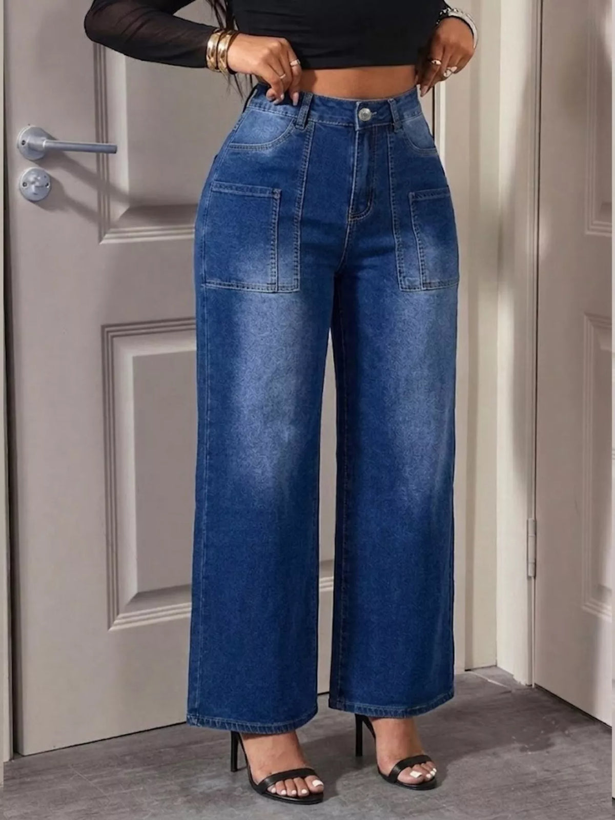High-Waisted Wide Leg Jeans - Peacock  Blue - View 2