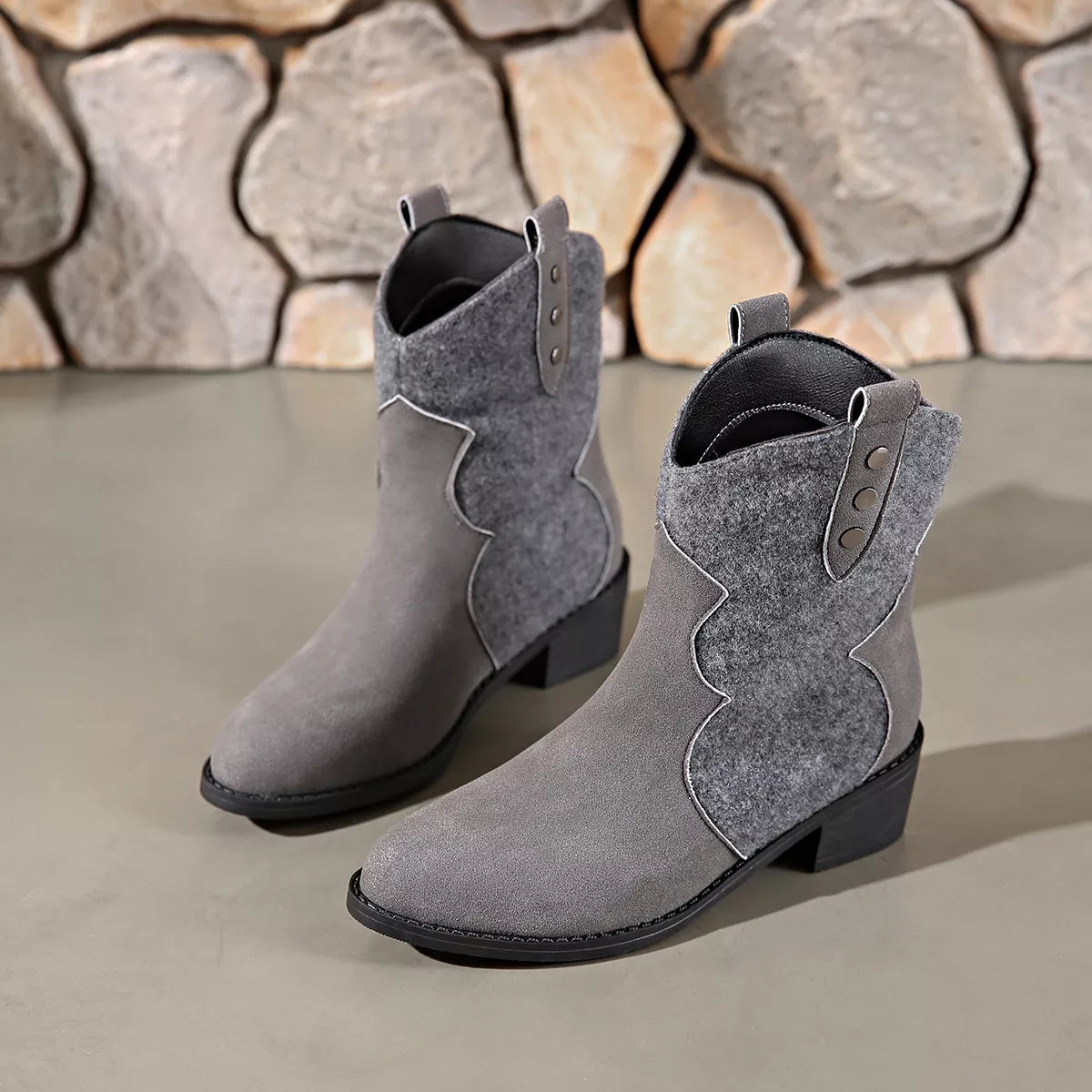 Point Toe Block Heels Boots - Dark Gray - View 2