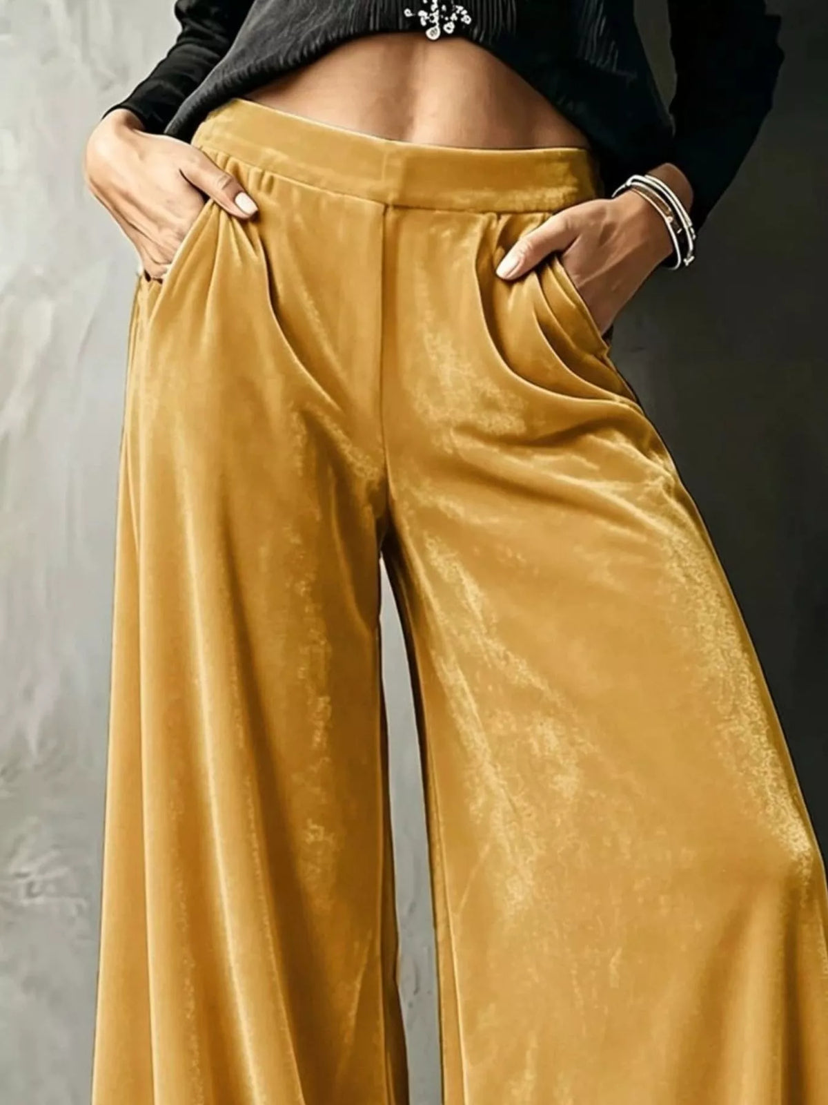 Full Size High-Waisted Wide-Leg Velvet Pants Plus Size - Yellow - View 2