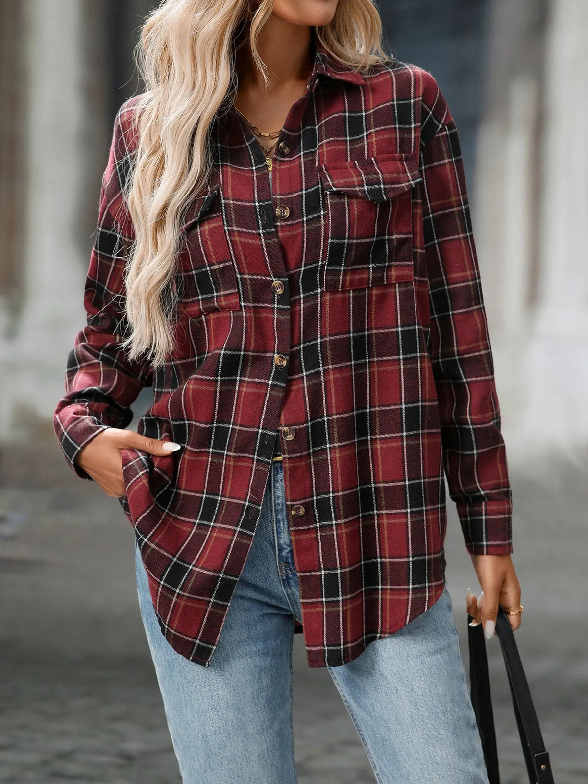 Plaid Button-Down Oversized Shirt - Deep Wine Red - View 21
