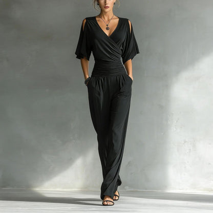 Chic Off-Shoulder V-Neck Fitted Jumpsuit for Women