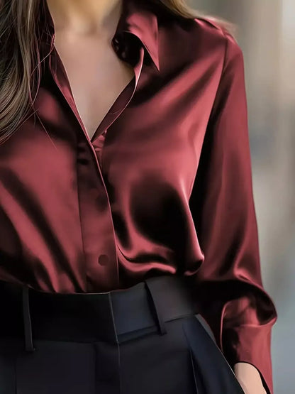Button Down Collared Neck Long Sleeve Shirt - Burgundy - View 3