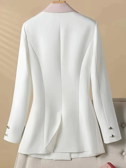 Double-Breasted Contrast Trim Blazer - White - View 3