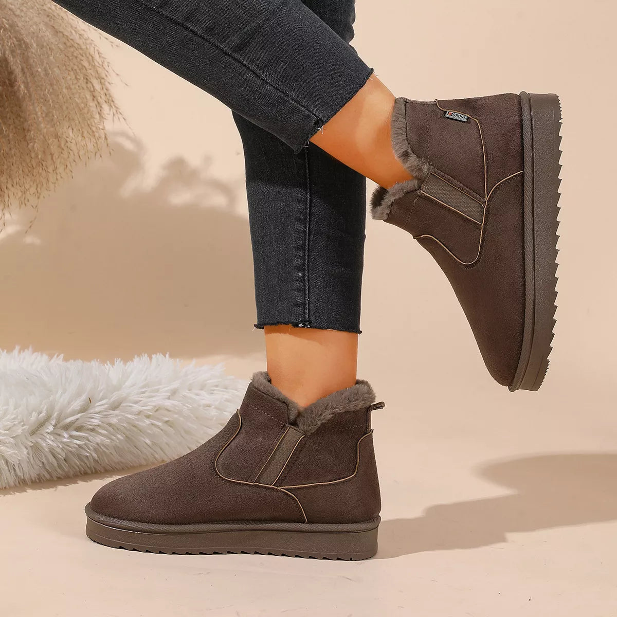Plush Lined Winter Ankle Boots - Khaki - View 4